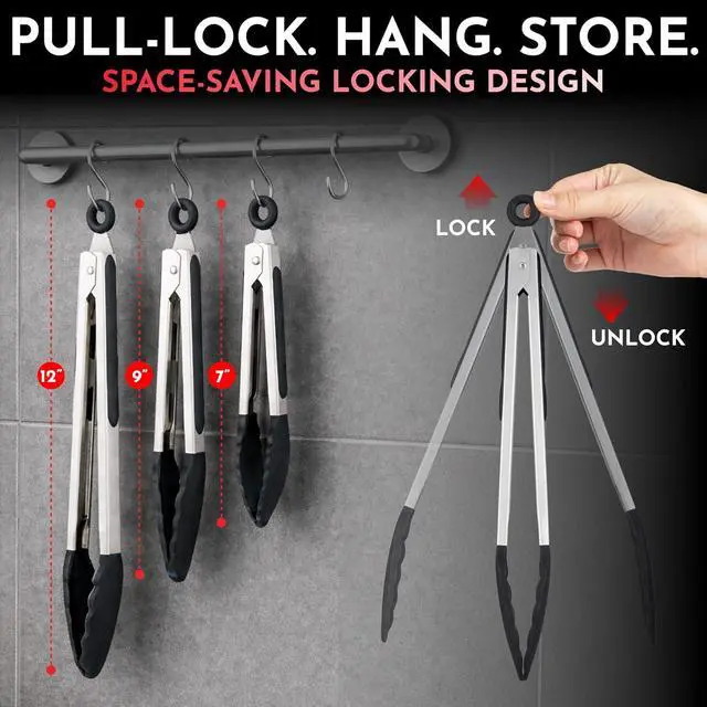 Alt view image 2 of 7 - Kitchen Tongs - 12, 9 & 7 Inch Locking Silicone Tongs for Cooking, Set of 3