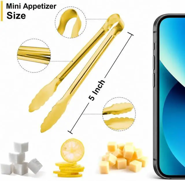 Alt view image 2 of 7 - 8PCS Gold Mini Metal Tongs, 5" Stainless Steel Serving Tiny Tong, Small Kitchen Accessories for Appetizer, Ice, Sugar Cube, Salad, Toaster, Desserts (Gold, 5 INCH)