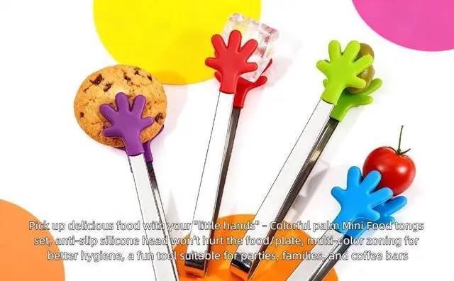 Alt view image 7 of 7 - 4PCS Silicone Mini Tongs, 5 Inch Colourful Small Hand Shape Metal Food Tongs, Kitchen Tool for Serving Food, Ice Cube, Fruits, Sugar, Barbecue, DessertsGreat for Party, Buffet