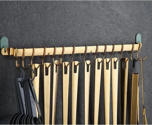 Alt view image 3 of 5 - Kyraton Kitchen Utensil Rack, Kitchen Rack With Gold Titanium Plating,Rail Rack Organizer for Hanging Knives,Wall Mounted Gourmet Kitchen Rail with 14 Hooks