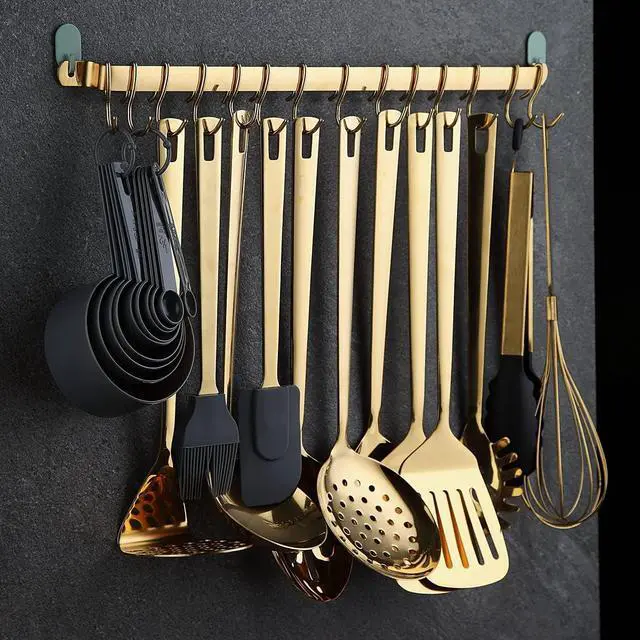 Alt view image 4 of 5 - Kyraton Kitchen Utensil Rack, Kitchen Rack With Gold Titanium Plating,Rail Rack Organizer for Hanging Knives,Wall Mounted Gourmet Kitchen Rail with 14 Hooks