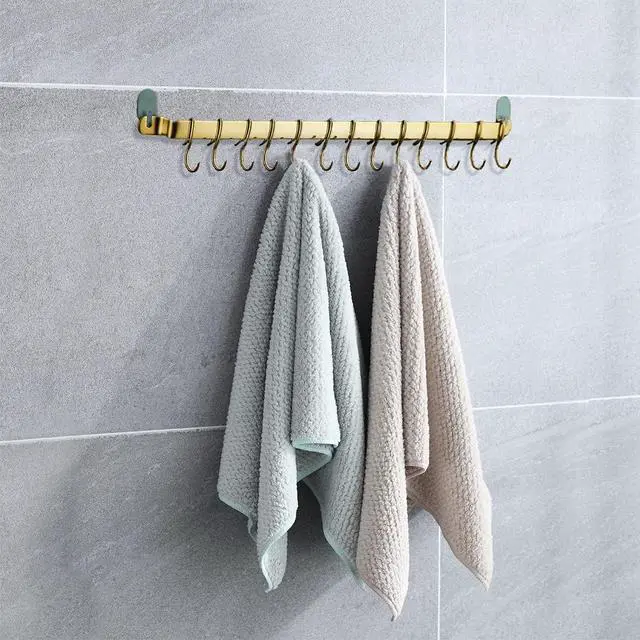 Alt view image 5 of 5 - Kyraton Kitchen Utensil Rack, Kitchen Rack With Gold Titanium Plating,Rail Rack Organizer for Hanging Knives,Wall Mounted Gourmet Kitchen Rail with 14 Hooks