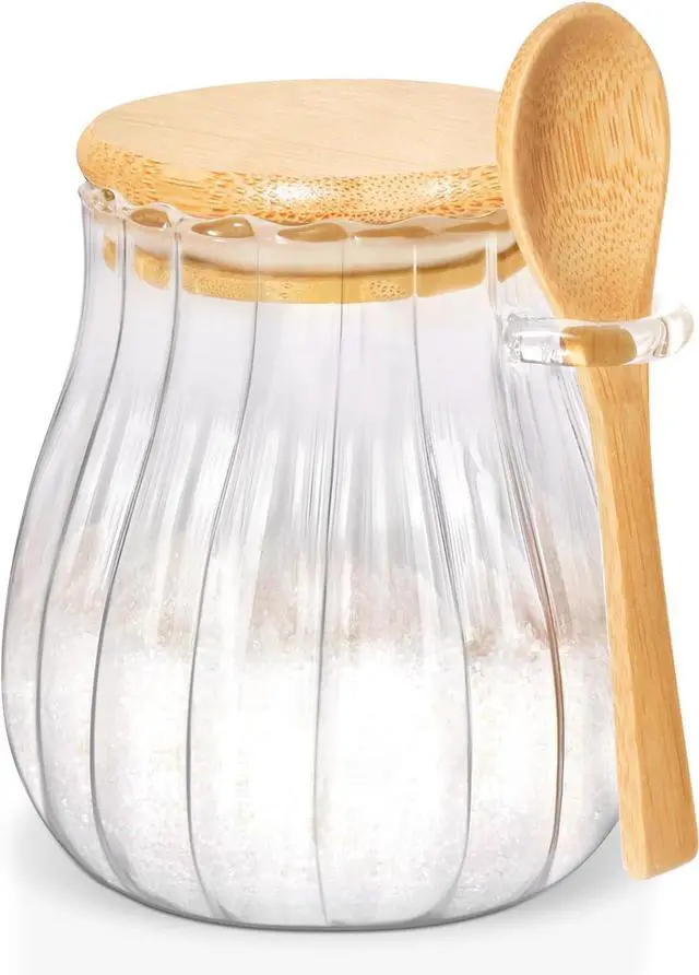 Main image of 15oz Sugar Container with Bamboo Lid and Spoon,Sugar Bowl Glass Jar for Coffee Bar Accessories Coffee Canister Kitchen Decor (Medium)