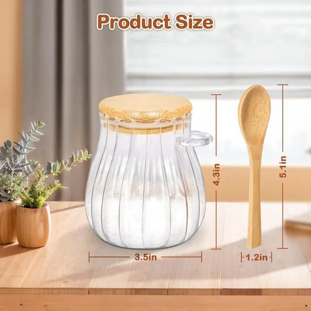 Alt view image 2 of 7 - 15oz Sugar Container with Bamboo Lid and Spoon,Sugar Bowl Glass Jar for Coffee Bar Accessories Coffee Canister Kitchen Decor (Medium)