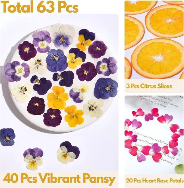 Alt view image 2 of 7 - 63 Pcs Edible Flowers Cake Decorations Dried Edible Flowers for Cocktails, Drinks, Cupcake Topper & Cake Decorating, Food Grade Pressed Flowers Mix with Pansy, Heart Rose Petals & Orange