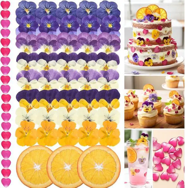 Main image of 63 Pcs Edible Flowers Cake Decorations Dried Edible Flowers for Cocktails, Drinks, Cupcake Topper & Cake Decorating, Food Grade Pressed Flowers Mix with Pansy, Heart Rose Petals & Orange