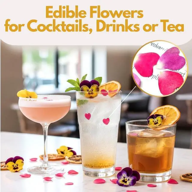 Alt view image 4 of 7 - 63 Pcs Edible Flowers Cake Decorations Dried Edible Flowers for Cocktails, Drinks, Cupcake Topper & Cake Decorating, Food Grade Pressed Flowers Mix with Pansy, Heart Rose Petals & Orange