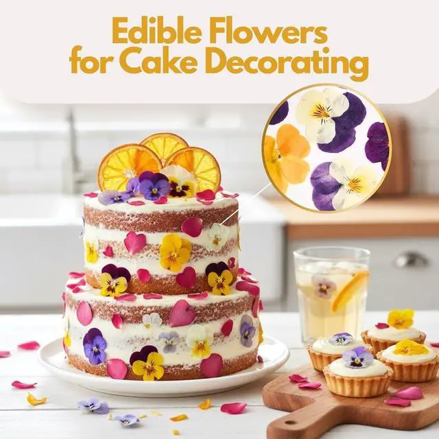 Alt view image 5 of 7 - 63 Pcs Edible Flowers Cake Decorations Dried Edible Flowers for Cocktails, Drinks, Cupcake Topper & Cake Decorating, Food Grade Pressed Flowers Mix with Pansy, Heart Rose Petals & Orange
