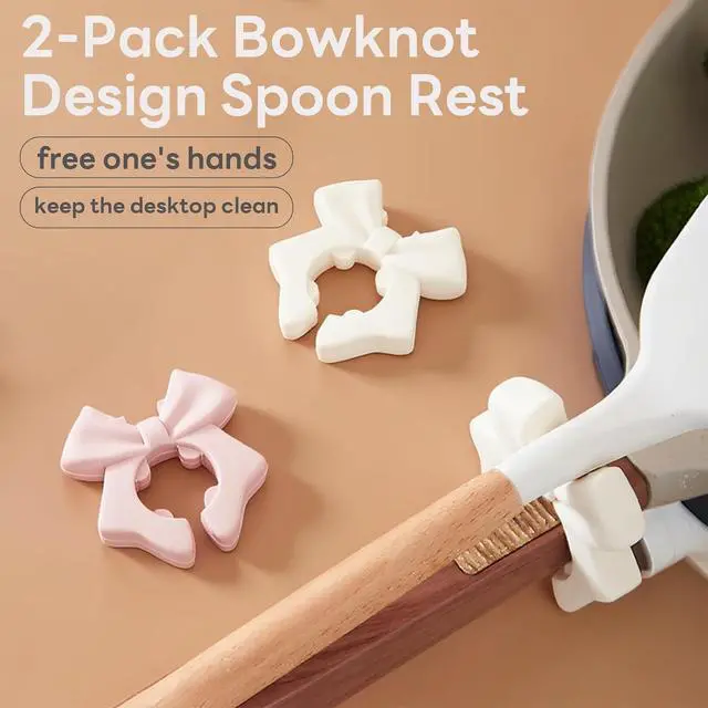 Alt view image 2 of 6 - Silicone Spatula Holder, 2-Pack Bowknot Design Spoon Rest, Heat-Tolerant Kitchen Utensil Pot Clips for Holding Spatulas and Spoons, Compatible with 1.38in to 2.17in Pot Handles, Pink and Beige