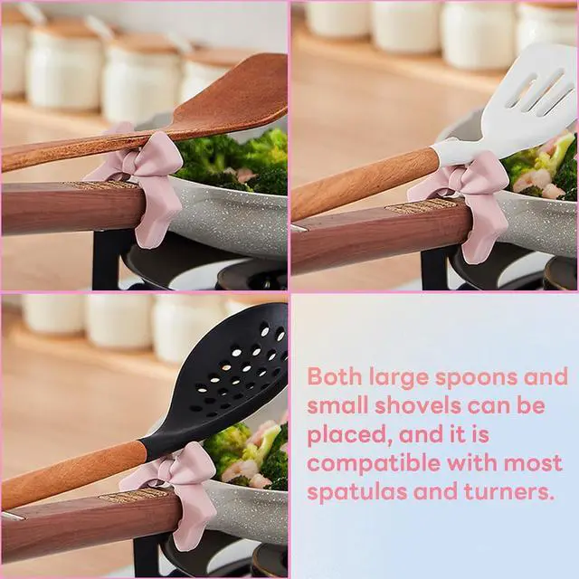 Alt view image 5 of 6 - Silicone Spatula Holder, 2-Pack Bowknot Design Spoon Rest, Heat-Tolerant Kitchen Utensil Pot Clips for Holding Spatulas and Spoons, Compatible with 1.38in to 2.17in Pot Handles, Pink and Beige