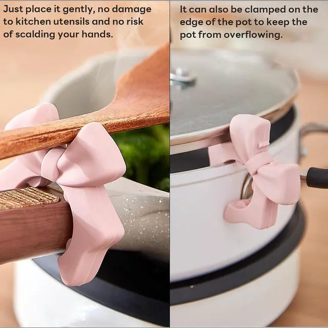 Alt view image 3 of 6 - Silicone Spatula Holder, 2-Pack Bowknot Design Spoon Rest, Heat-Tolerant Kitchen Utensil Pot Clips for Holding Spatulas and Spoons, Compatible with 1.38in to 2.17in Pot Handles, Pink and Beige