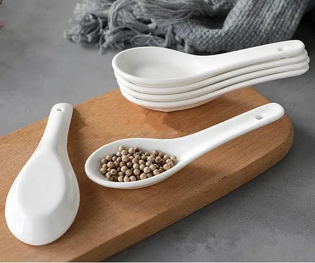 Alt view image 3 of 6 - 10pcs White Ceramic Soup Spoons,Asian Wonton Spoon Set, 5"Tasting Spoons