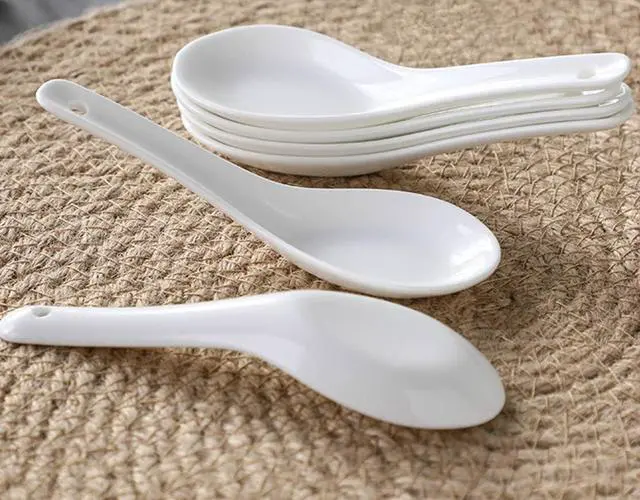Alt view image 5 of 6 - 10pcs White Ceramic Soup Spoons,Asian Wonton Spoon Set, 5"Tasting Spoons