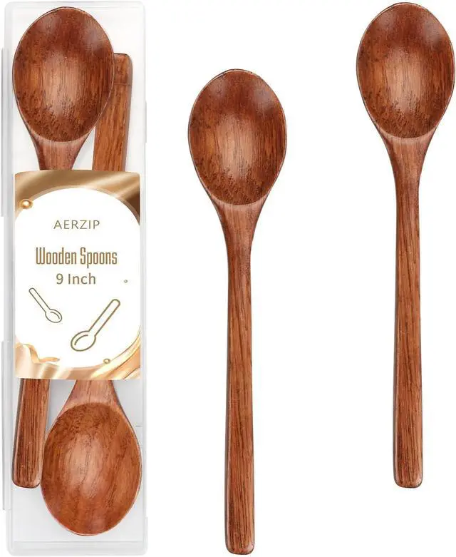 Main image of 9 Inch Wooden Spoons for Eating Mixing Stirring Soda Jam Honey, Long Handle Wood Soup Spoons for Serving Table Spoon (2 PCS)