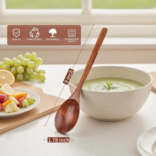 Alt view image 2 of 6 - 9 Inch Wooden Spoons for Eating Mixing Stirring Soda Jam Honey, Long Handle Wood Soup Spoons for Serving Table Spoon (2 PCS)