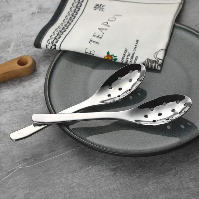 Alt view image 5 of 7 - AOOSY Small Slotted Spoons,Modern Stylish Thick Heavy-weight Short handle Stainless Steel 10 Holes Durable Caviar Spoon for Soup Cereals Dips Curry Sauces Stews, Set of 2