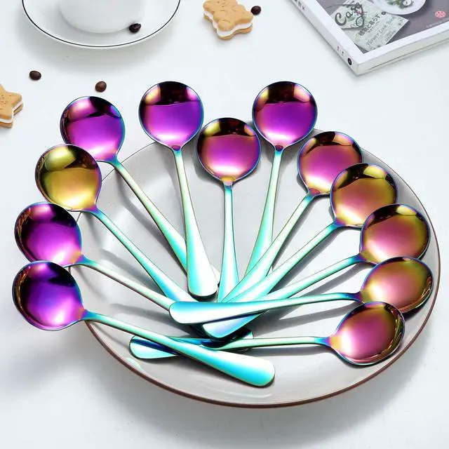 Alt view image 2 of 7 - Rainbow Soup Spoon of 12, Berglander 7.5" Stainless Steel Titanium Plating Shiny Mutilcolor Round Spoons Silverware, Colorful Table Spoon Table Spoons Set Sturdy Easy To Clean, Dishwasher Safe