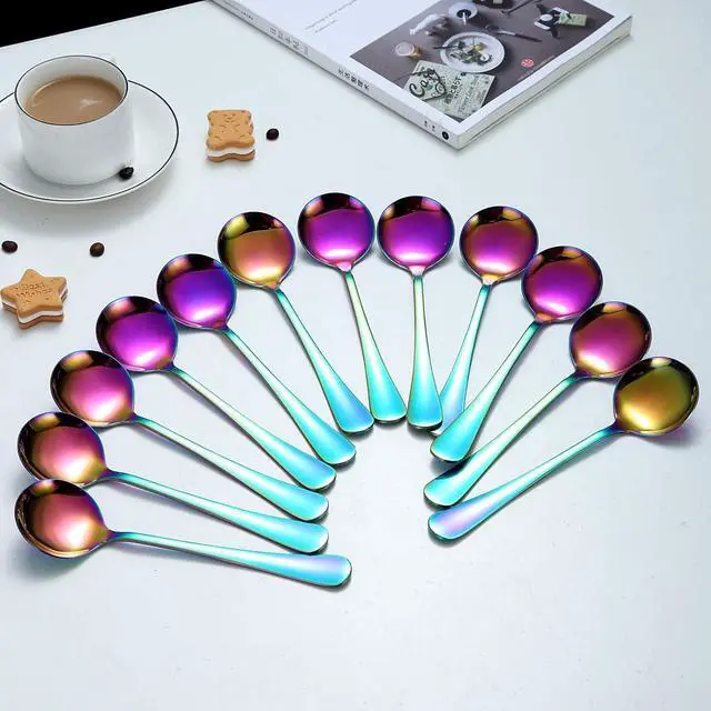 Alt view image 3 of 7 - Rainbow Soup Spoon of 12, Berglander 7.5" Stainless Steel Titanium Plating Shiny Mutilcolor Round Spoons Silverware, Colorful Table Spoon Table Spoons Set Sturdy Easy To Clean, Dishwasher Safe