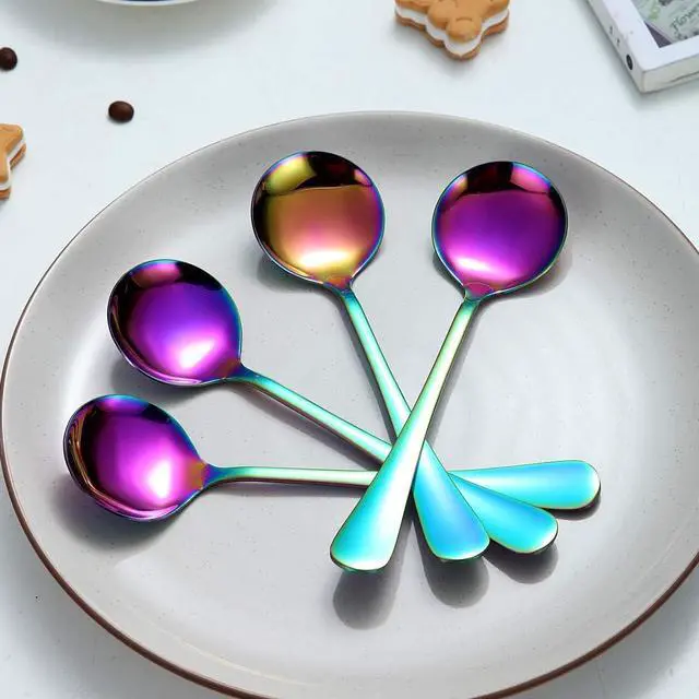 Alt view image 4 of 7 - Rainbow Soup Spoon of 12, Berglander 7.5" Stainless Steel Titanium Plating Shiny Mutilcolor Round Spoons Silverware, Colorful Table Spoon Table Spoons Set Sturdy Easy To Clean, Dishwasher Safe