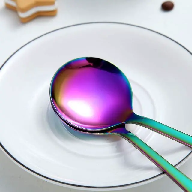 Alt view image 6 of 7 - Rainbow Soup Spoon of 12, Berglander 7.5" Stainless Steel Titanium Plating Shiny Mutilcolor Round Spoons Silverware, Colorful Table Spoon Table Spoons Set Sturdy Easy To Clean, Dishwasher Safe
