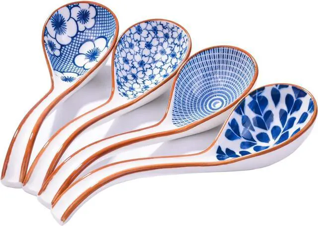 Main image of Ceramic Soup Spoon Set of 4, 6.5-Inch Blue and White Porcelain Ramen Spoons