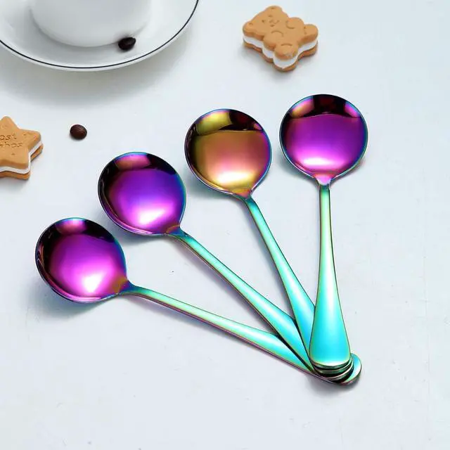 Alt view image 5 of 7 - Rainbow Soup Spoon of 12, Berglander 7.5" Stainless Steel Titanium Plating Shiny Mutilcolor Round Spoons Silverware, Colorful Table Spoon Table Spoons Set Sturdy Easy To Clean, Dishwasher Safe