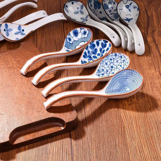 Alt view image 4 of 6 - Ceramic Soup Spoon Set of 4, 6.5-Inch Blue and White Porcelain Ramen Spoons