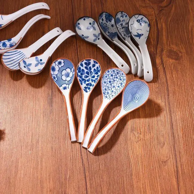 Alt view image 6 of 6 - Ceramic Soup Spoon Set of 4, 6.5-Inch Blue and White Porcelain Ramen Spoons