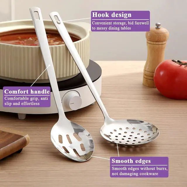 Alt view image 4 of 7 - Berglander Slotted Spoons for Straining 2 pcs 13", Stainless Steel Kitchen Spider Strainer Skimmer Ladle for Straining Pasta/Cooking/Frying, Metal Kitchen Utensils Pasta Spoon