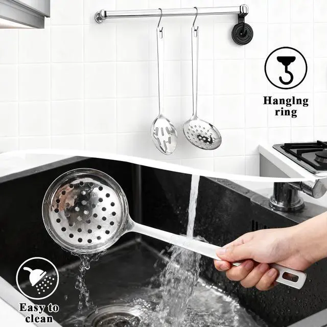 Alt view image 7 of 7 - Berglander Slotted Spoons for Straining 2 pcs 13", Stainless Steel Kitchen Spider Strainer Skimmer Ladle for Straining Pasta/Cooking/Frying, Metal Kitchen Utensils Pasta Spoon