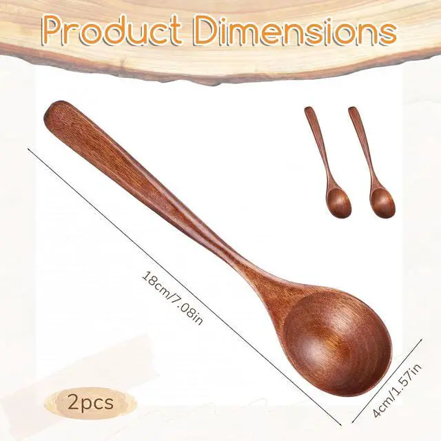 Alt view image 2 of 7 - Thinp 2 Pcs Wooden Spoons for Eating, 7 Inch Wood Soup Spoons Long Handle Wood Teaspoons Woods Table Spoon for Cooking Wooden Serving Spoon for Tea Coffee Honey Desserts Cereal
