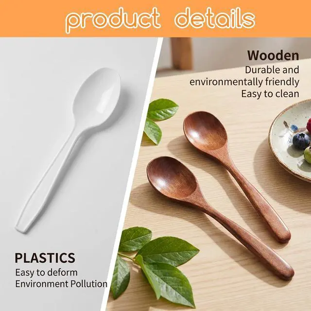 Alt view image 3 of 7 - Thinp 2 Pcs Wooden Spoons for Eating, 7 Inch Wood Soup Spoons Long Handle Wood Teaspoons Woods Table Spoon for Cooking Wooden Serving Spoon for Tea Coffee Honey Desserts Cereal