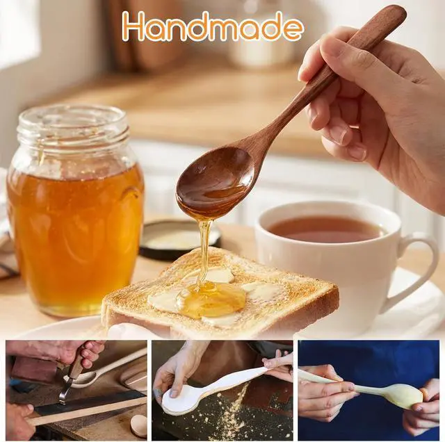 Alt view image 4 of 7 - Thinp 2 Pcs Wooden Spoons for Eating, 7 Inch Wood Soup Spoons Long Handle Wood Teaspoons Woods Table Spoon for Cooking Wooden Serving Spoon for Tea Coffee Honey Desserts Cereal