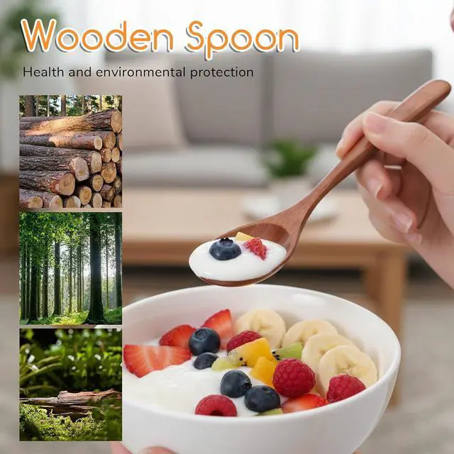 Alt view image 6 of 7 - Thinp 2 Pcs Wooden Spoons for Eating, 7 Inch Wood Soup Spoons Long Handle Wood Teaspoons Woods Table Spoon for Cooking Wooden Serving Spoon for Tea Coffee Honey Desserts Cereal