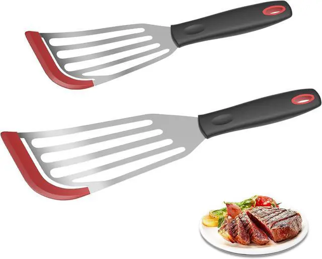 Main image of 2Pack Silicone Fish Spatulas for Nonstick Cookware,Fish Turner Spatula Stainless Steel with Heat Resistant Silicone Edge,Metal Slotted Spatula for Flipping Fish Egg Patties Fries Pancake Steak (Red)
