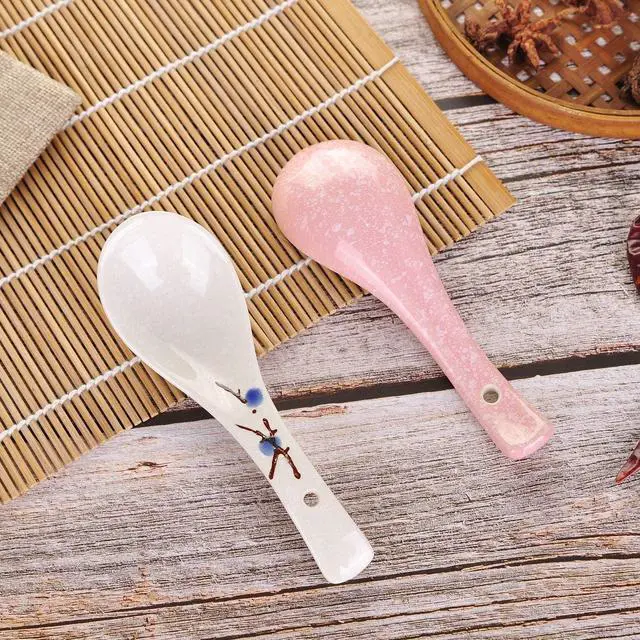 Alt view image 3 of 7 - VanEnjoy Set of 4 Chinese/Japanese Ceramic Soup Spoons, Pink Cherry Blossom in Snow Pattern Ceramic Spoon Suitable for Soup