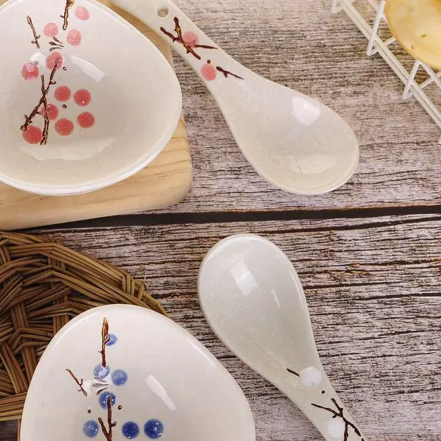 Alt view image 4 of 7 - VanEnjoy Set of 4 Chinese/Japanese Ceramic Soup Spoons, Pink Cherry Blossom in Snow Pattern Ceramic Spoon Suitable for Soup