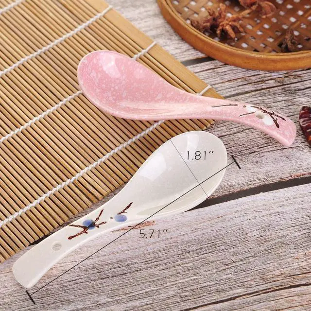 Alt view image 2 of 7 - VanEnjoy Set of 4 Chinese/Japanese Ceramic Soup Spoons, Pink Cherry Blossom in Snow Pattern Ceramic Spoon Suitable for Soup