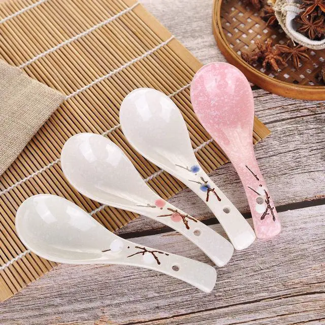 Alt view image 5 of 7 - VanEnjoy Set of 4 Chinese/Japanese Ceramic Soup Spoons, Pink Cherry Blossom in Snow Pattern Ceramic Spoon Suitable for Soup