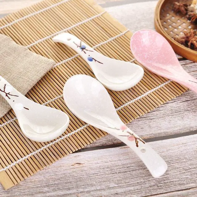 Alt view image 6 of 7 - VanEnjoy Set of 4 Chinese/Japanese Ceramic Soup Spoons, Pink Cherry Blossom in Snow Pattern Ceramic Spoon Suitable for Soup
