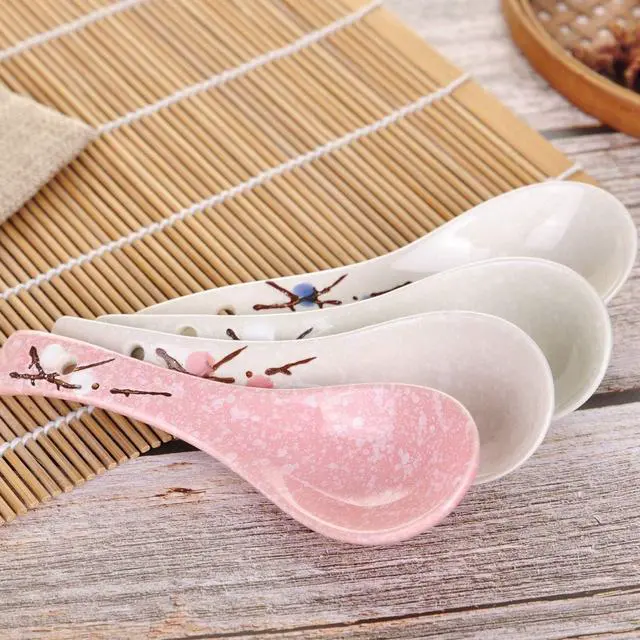 Alt view image 7 of 7 - VanEnjoy Set of 4 Chinese/Japanese Ceramic Soup Spoons, Pink Cherry Blossom in Snow Pattern Ceramic Spoon Suitable for Soup