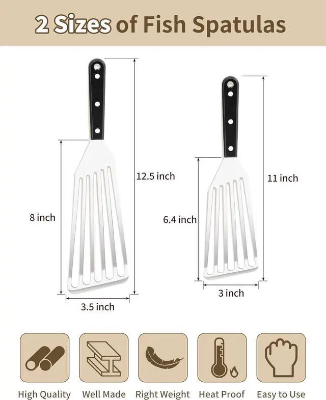 Alt view image 2 of 7 - HaSteeL 2 Pack Stainless Steel Fish Spatula, Metal Slotted Turner Set, Griddle Grill Spatula for Kitchen Cooking, Flipping, Turning, Frying $ Grilling, Full Tang ABS Handle, DIshwasher Safe