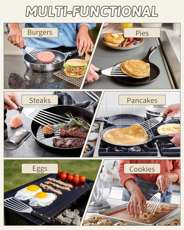 Alt view image 6 of 7 - HaSteeL 2 Pack Stainless Steel Fish Spatula, Metal Slotted Turner Set, Griddle Grill Spatula for Kitchen Cooking, Flipping, Turning, Frying $ Grilling, Full Tang ABS Handle, DIshwasher Safe