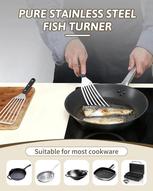 Alt view image 5 of 7 - HaSteeL 2 Pack Stainless Steel Fish Spatula, Metal Slotted Turner Set, Griddle Grill Spatula for Kitchen Cooking, Flipping, Turning, Frying $ Grilling, Full Tang ABS Handle, DIshwasher Safe