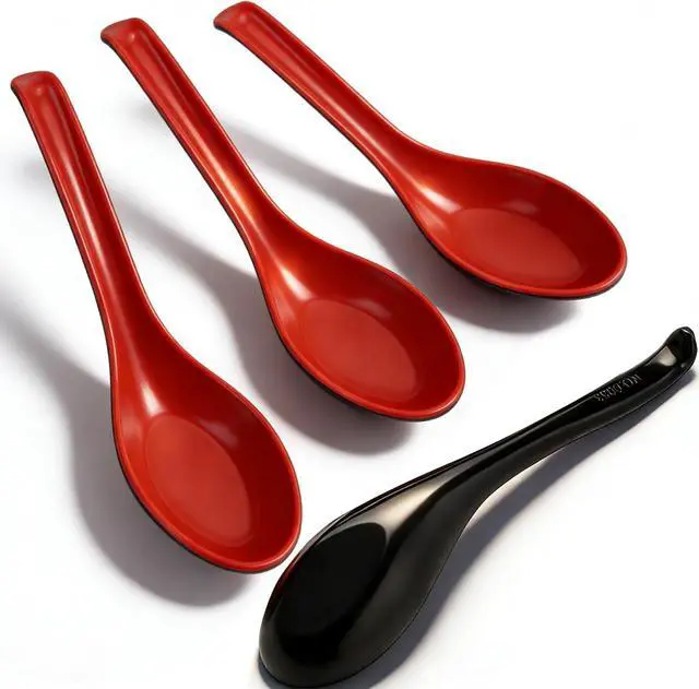 Main image of 4PCS Asian Soup Spoons, Chinese Japanese Miso Ramen Wonton Dumpling Pho Rice Noodle Soba Soup Spoons, Red and Black Melamine Spoons