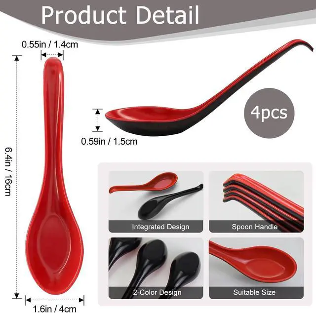 Alt view image 2 of 7 - 4PCS Asian Soup Spoons, Chinese Japanese Miso Ramen Wonton Dumpling Pho Rice Noodle Soba Soup Spoons, Red and Black Melamine Spoons