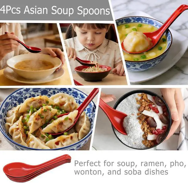 Alt view image 5 of 7 - 4PCS Asian Soup Spoons, Chinese Japanese Miso Ramen Wonton Dumpling Pho Rice Noodle Soba Soup Spoons, Red and Black Melamine Spoons