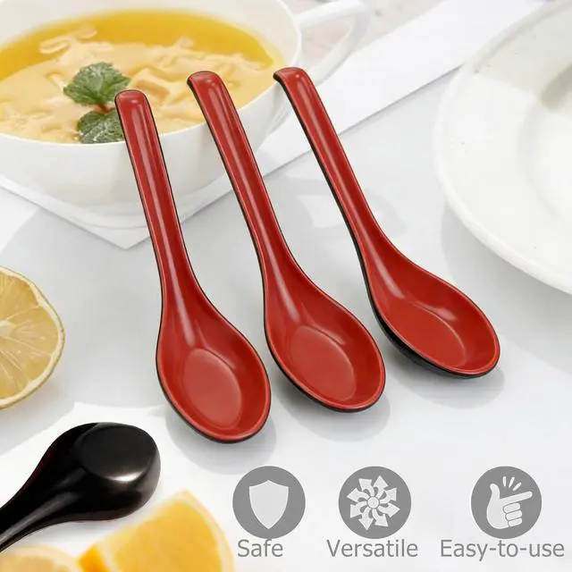 Alt view image 7 of 7 - 4PCS Asian Soup Spoons, Chinese Japanese Miso Ramen Wonton Dumpling Pho Rice Noodle Soba Soup Spoons, Red and Black Melamine Spoons