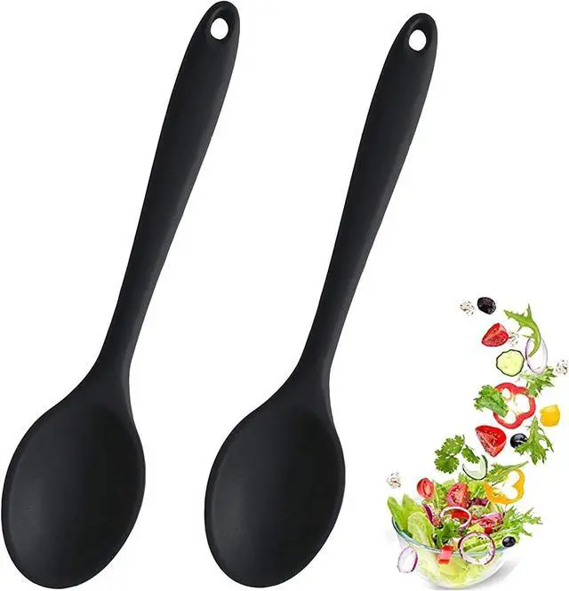 Main image of 2 Pcs Silicone Spoons for Cooking Heat Resistant, Hygienic Design Cooking Utensi Mixing Spoons for Kitchen Cooking Baking Stirring Mixing Tools (Black)