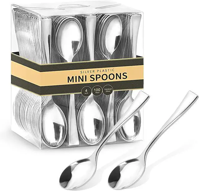 Main image of 4 Inch Silver Mini Plastic Spoons, 100 Pack